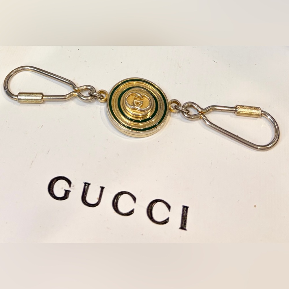 Vtg. GUCCI Horse-bit Green & Gold Round Enamel Keychain and/or bag charm/Unisex